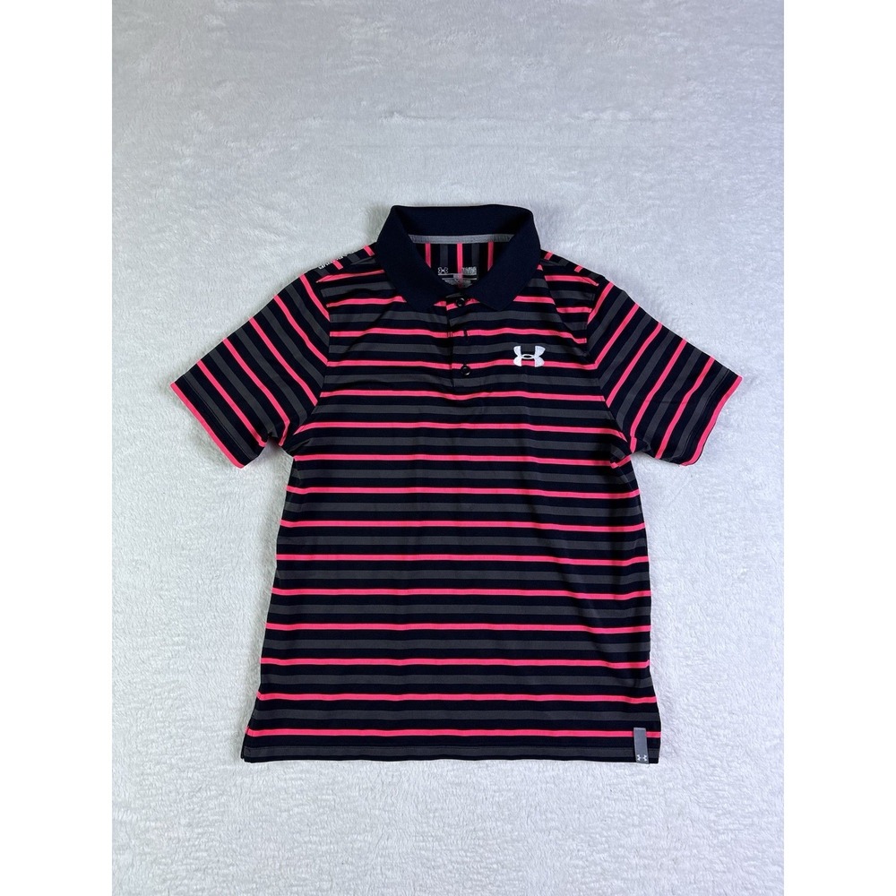 Under Armour Boys L Striped Dark Pink Gray Black Performance Polo Shirt Golf